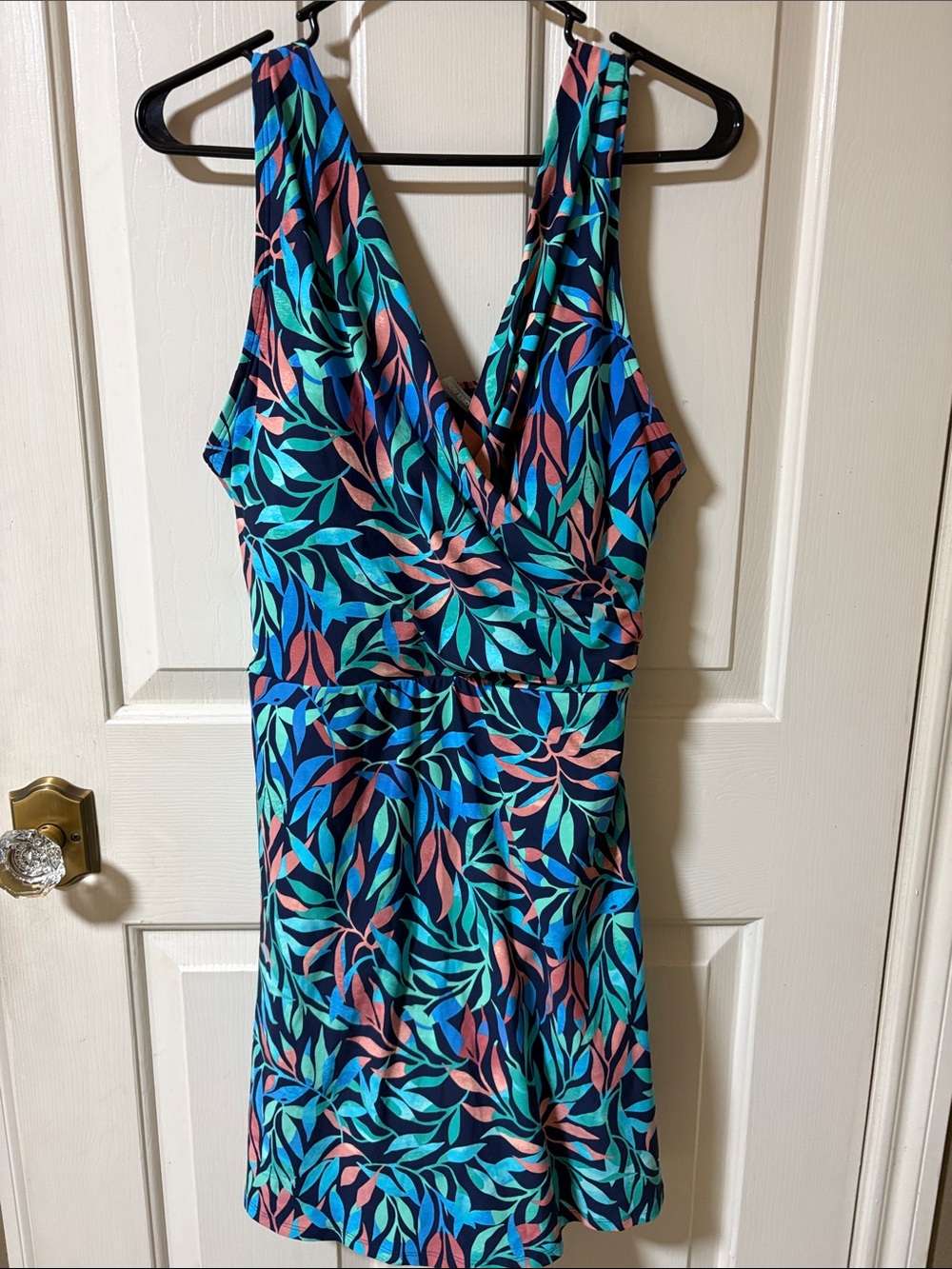 Lands' End  Women Tummy Control Surplice Wrap Swim Dress One Piece Swimsuit S 14